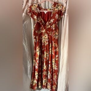 LC Lauren Conrad Floral Maxi Dress deep red, with yellow, blue, pink, orange.